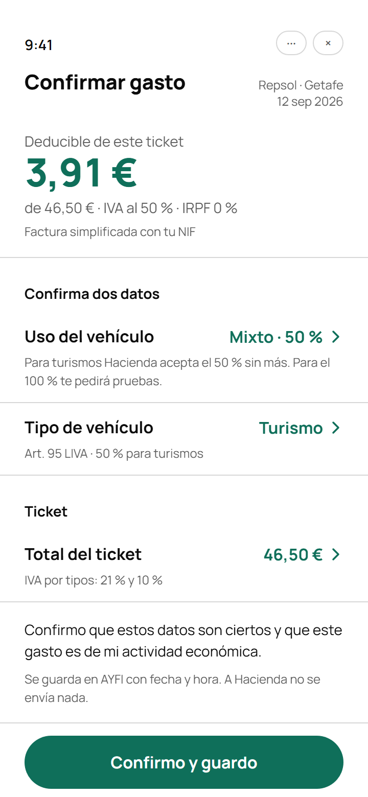 Pantalla de confirmación con el importe deducible y la norma que lo respalda.