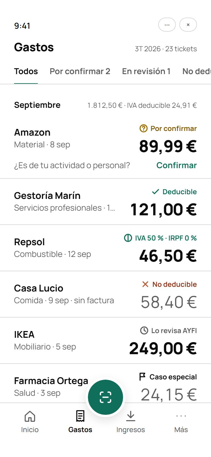 Lista de gastos con el estado de cada ticket.
