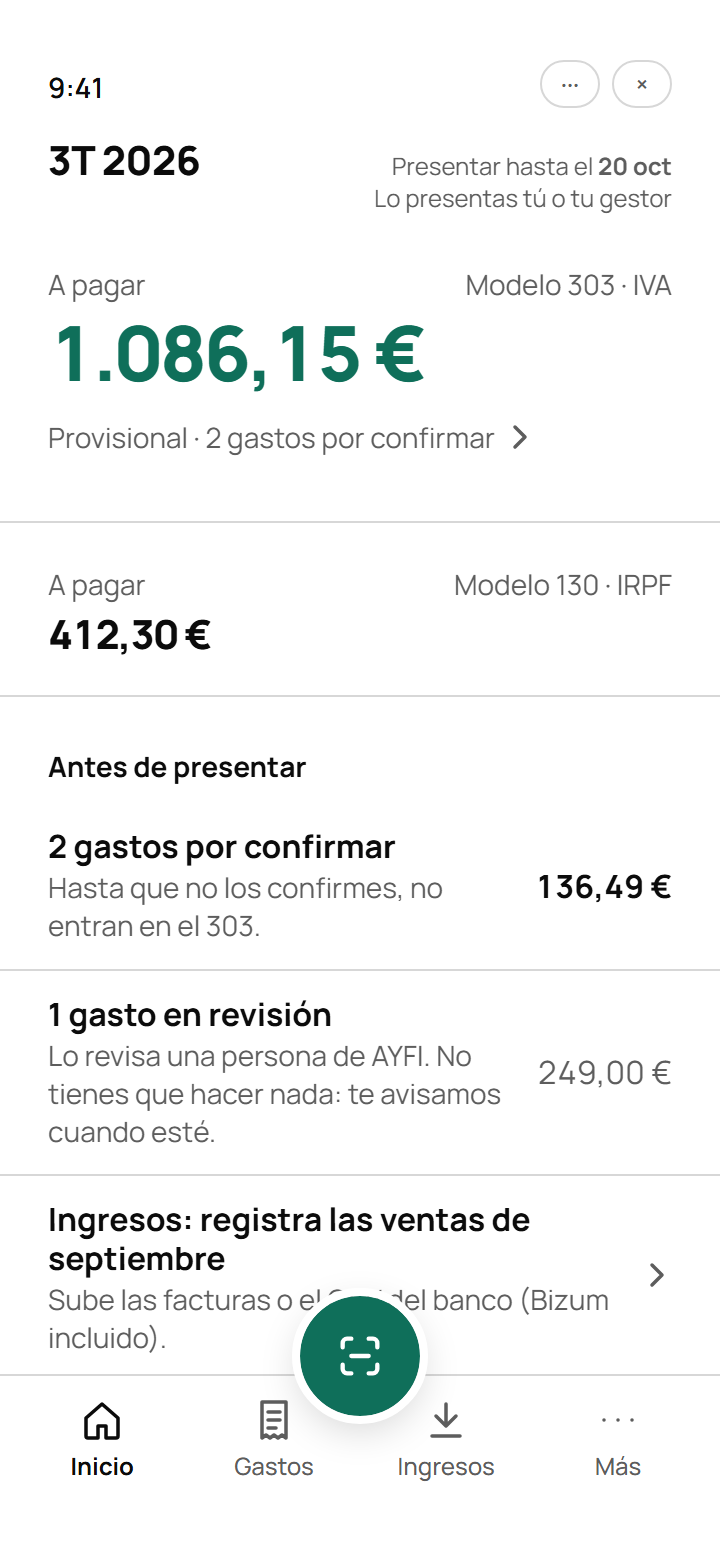 Pantalla de inicio: el total del trimestre y lo que falta para presentarlo.